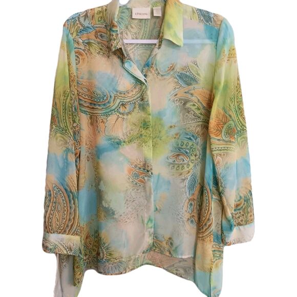 Chinos Tops - Chicos women's Sz M Button Down Blouse Size 1 (US 8) Green Blue Yellow Sheer